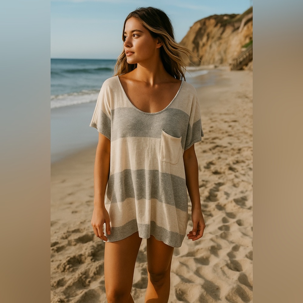 *FREE PEOPLE BEACH* SHORT SLEEVE KNIT STRIPE TOP* 
SIZE LARGE